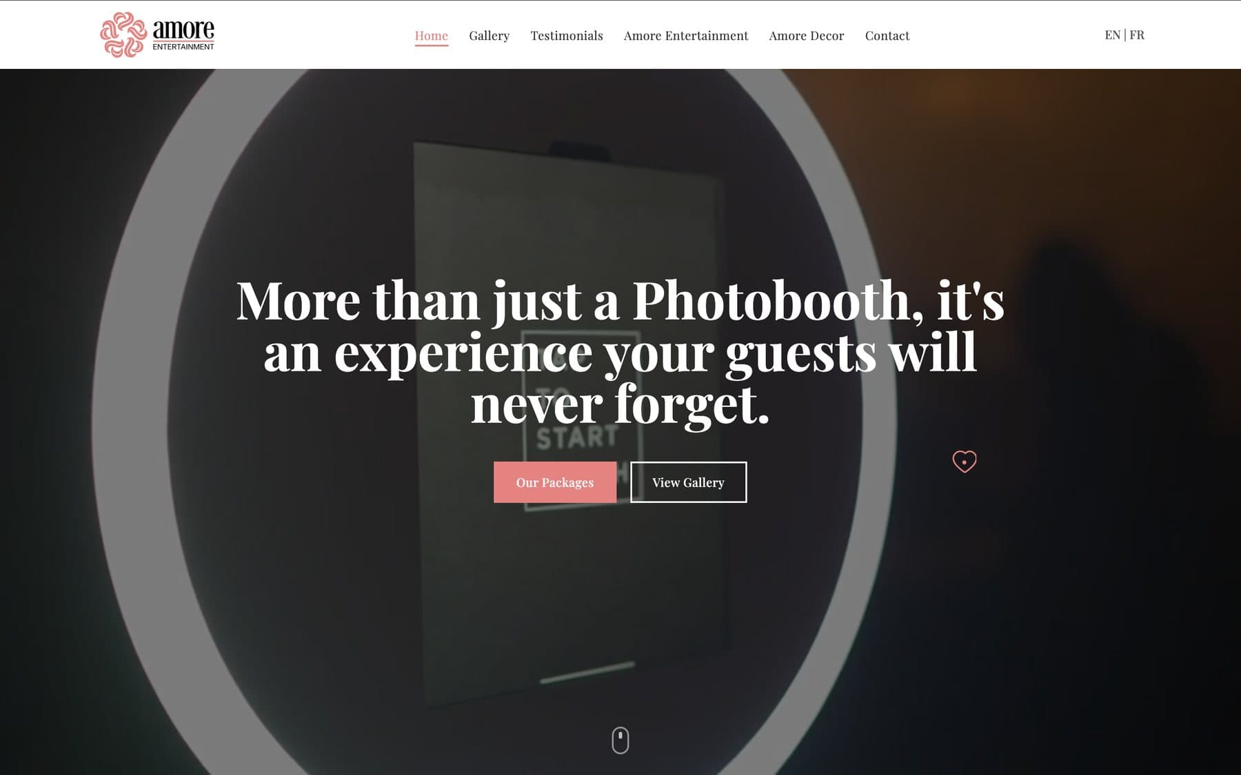 Amore Entertainment website homepage on desktop